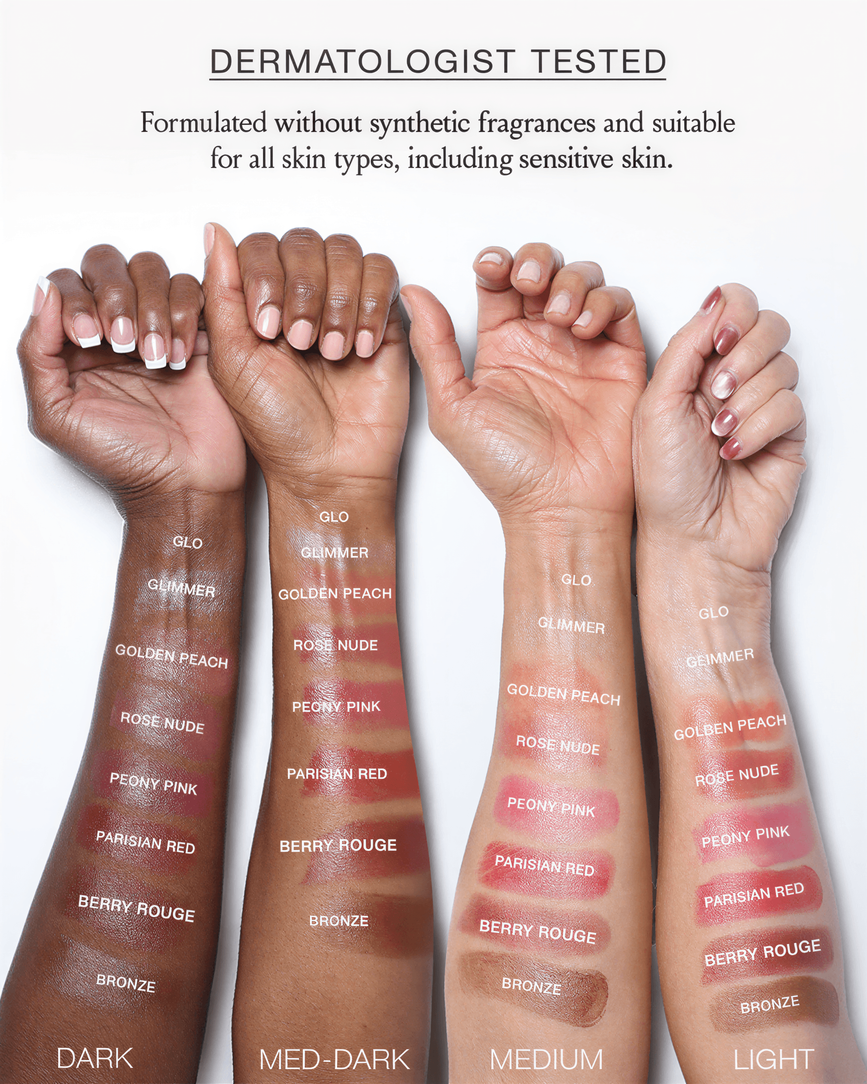 Makeup swatches on four arms of different skin tones, labeled GLO, GLIMMER, GOLDEN PEACH, ROSE NUDE, and BERRY ROUGE.