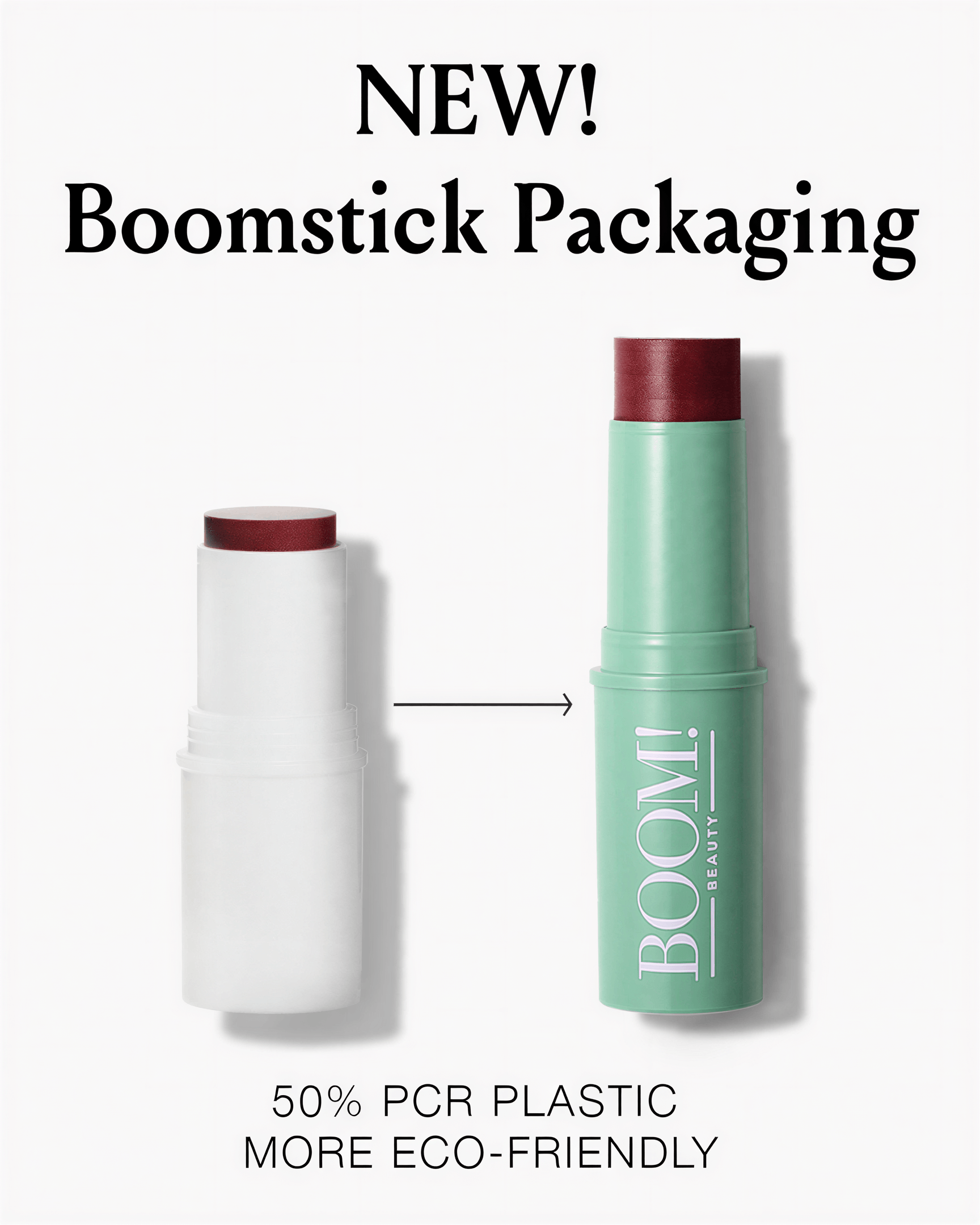 Two plastic Boomstick Color tubes, one white and one green with BOOM! BEAUTY text, showing a berry-colored cream blush.