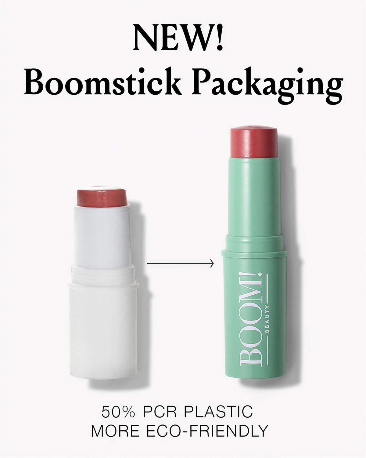 Two round plastic Boomstick Rose Nude tubes, one white and one mint green, with BOOM! BEAUTY printed on the green tube.