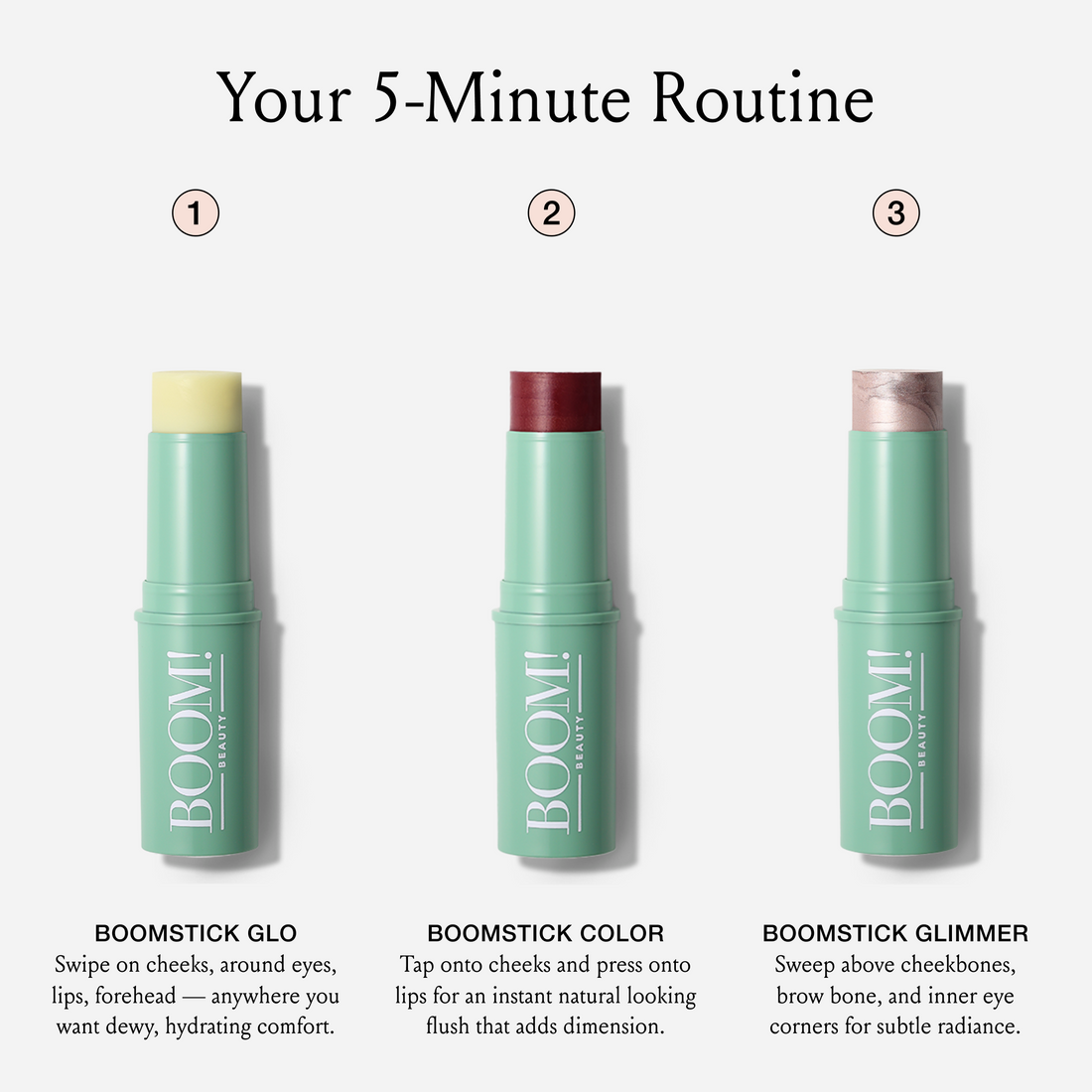 Three teal plastic Boomstick Trio tubes in a row labeled GLO, COLOR, and GLIMMER against a white background